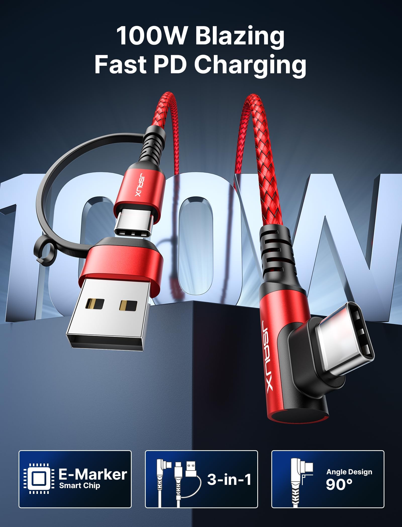 JSAUX USB C Cable for Fast Charging 10FT 100W with Right Angle Connector | Nylon Braided