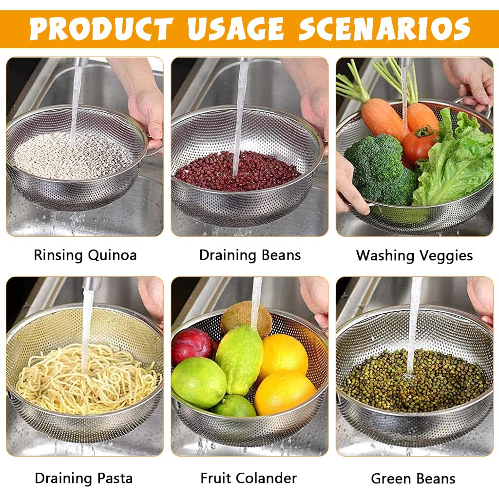 Supvox Colander Set of 3 for Pasta Vegetables and Fruits featuring Micro Perforated Stainless Steel | Easy Drain and Clean Design