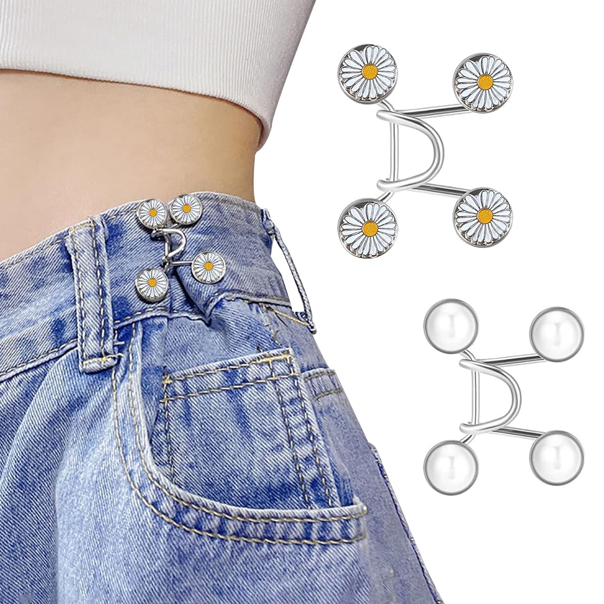 Venzina® 2 Pairs Adjustable Waist Buckle for Pants, Instant Jeans Button Pins Pant Waist Tightener Adjuster Detachable Pin Buttons for Loose Jeans, Skirts