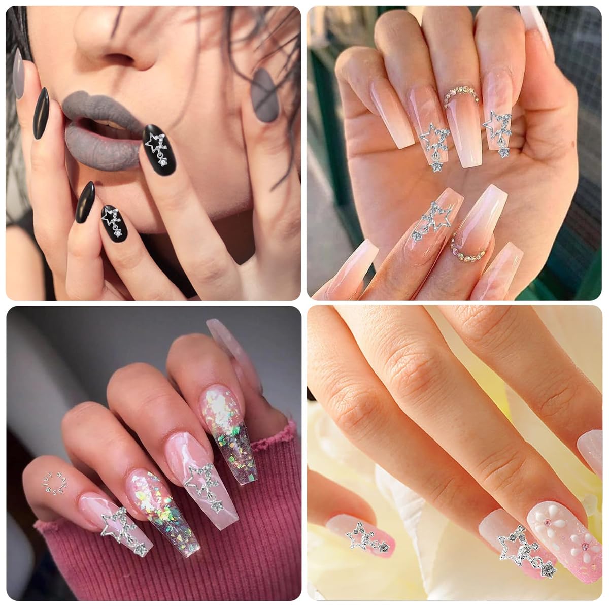 MAYCREATE Star Nail Charms for Acrylic Nails featuring 3D Hollow Pentagram Design 10Pcs Silver