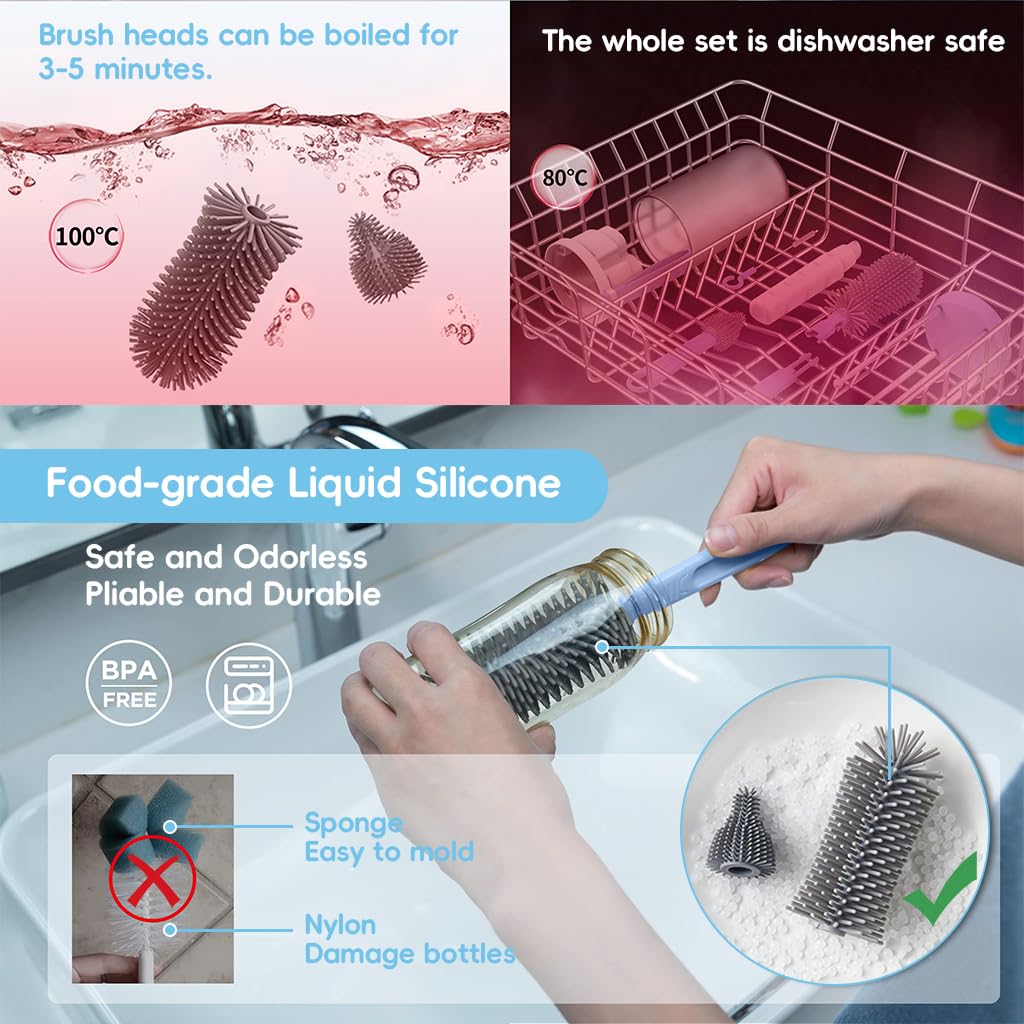 ZIBUYU Baby Bottle Cleaning Brush Kit with 2 in 1 Storage Case and Silicone Heads | 6 in 1 Travel Set