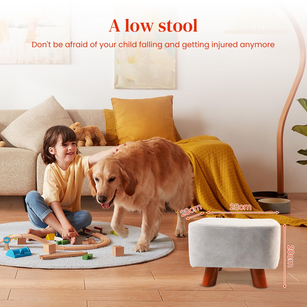 HASTHIP Ottoman Stool for Living Room with 11x11x7.8 in Size and Triangular Wooden Support | Grey Leather Cushion Footrest