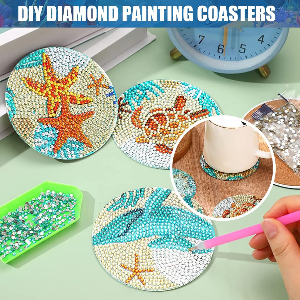 HASTHIP® 8 Pcs Diamond Painting Coasters Kits, Exquisite Diamond Painting Coasters with Holder, DIY Diamond Art Coasters and Crafts for Adults Kids, Style B, acrylic