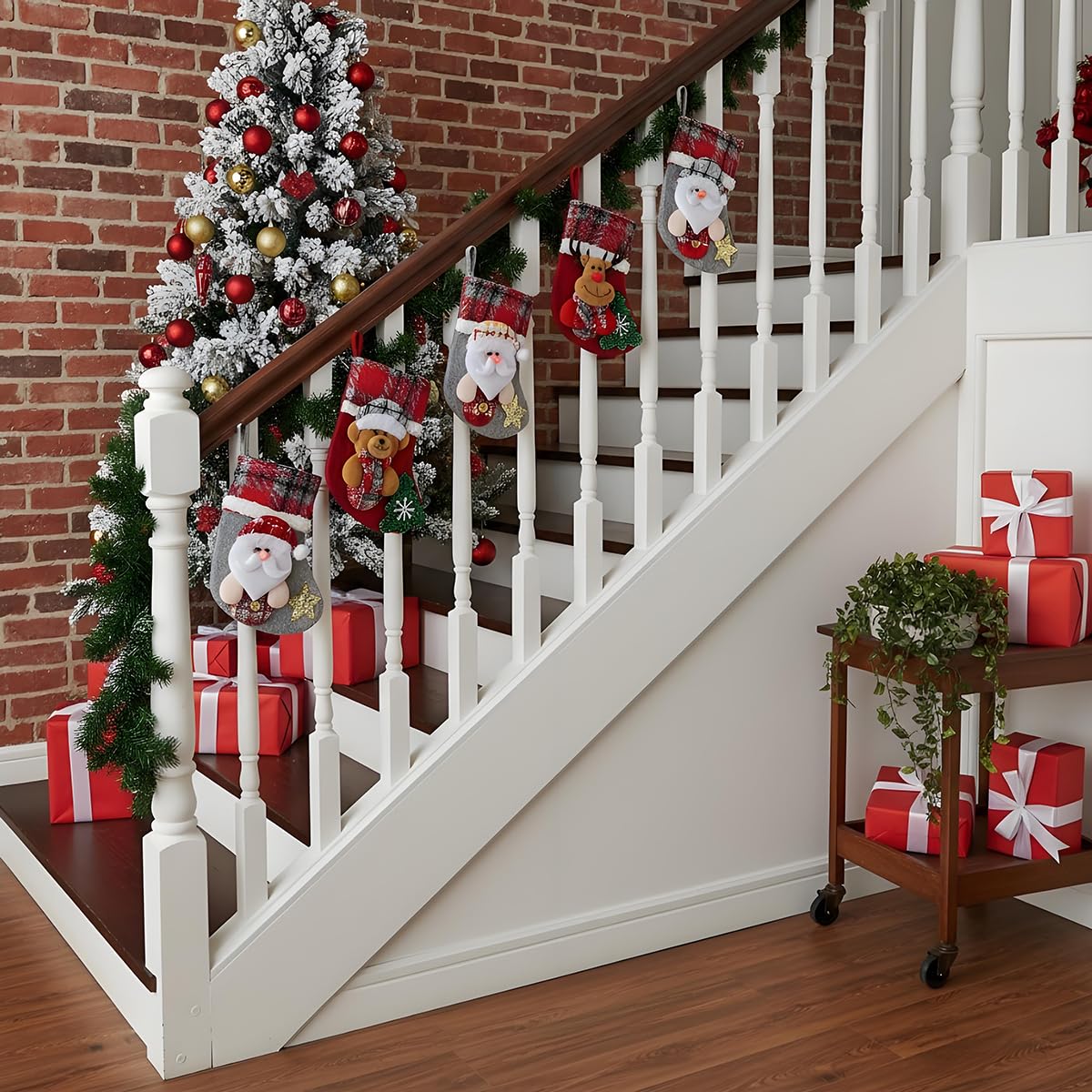 HASTHIP Christmas Stockings Set for Tree and Home with Santa Reindeer Bear Snowman Prints 13x17cm | 4Pcs Fabric Hanging Decorations