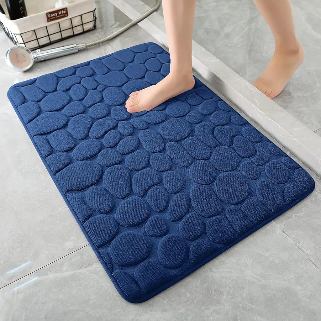 HASTHIP® Bathroom Floor Mat, Non-slip Toilet Mat, Water Absorbent Soft Memory Foam Bath Mat Fashion Dark Blue 3D Pebble Pattern Bathroom Quick Dry Floor Mat, 40x60cm