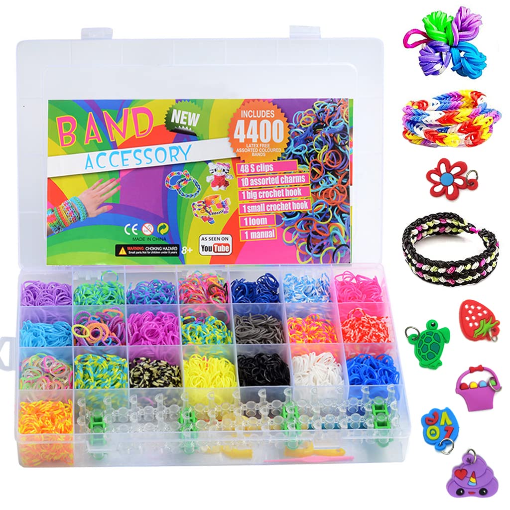 PATPAT 4400+ Rubber Loom Bands Set Bracelet Jewelry Making Kit, Rainbow Rubber Bands Refill Loom Set with Braiding Tools Crochets, Assorted Charms for Girls Kids DIY Craft Gifts,Latex