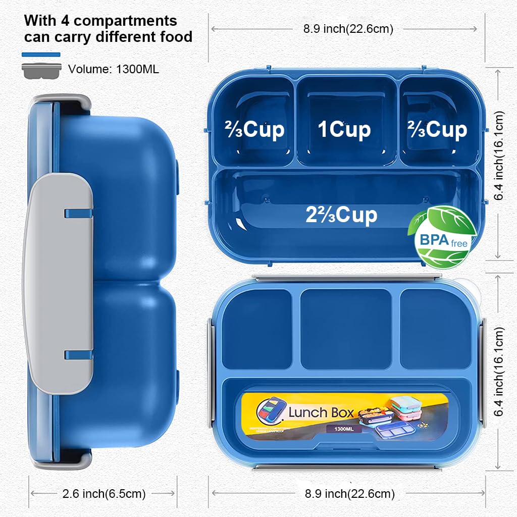 Supvox® Lunch Box for Kids School Bento Box for Kids 4 Compartments Bento Box Fruit Box for Kids to School, with 4 Samll Cups, Kids Fruit Picks, Mini Sauce Box, School Lunch Box for Kids, Blue