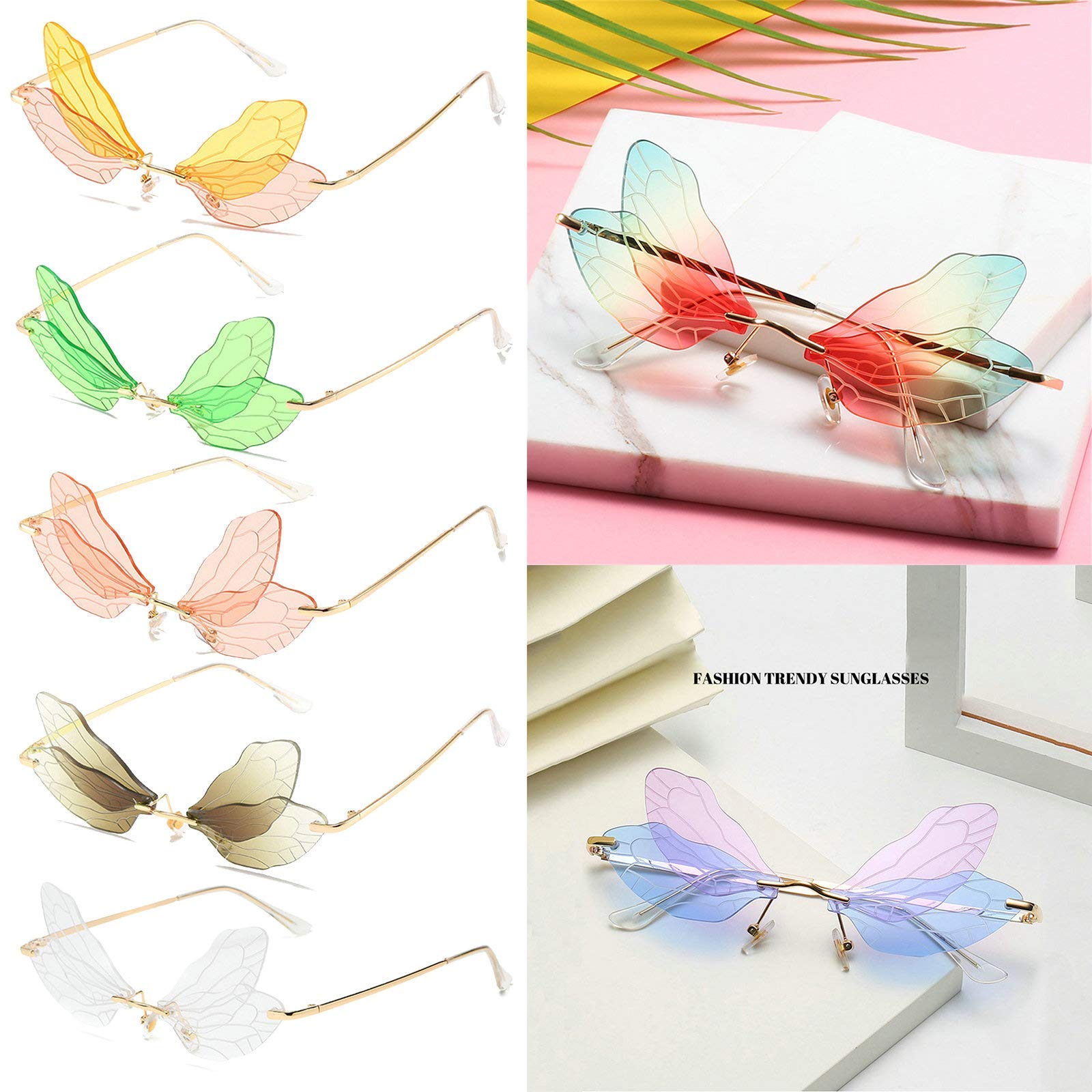 PALAY Frameless Dragonfly Wing Sunglasses with Transparent Ocean Lens for Women and Men | Pink Yellow and Blue Purple