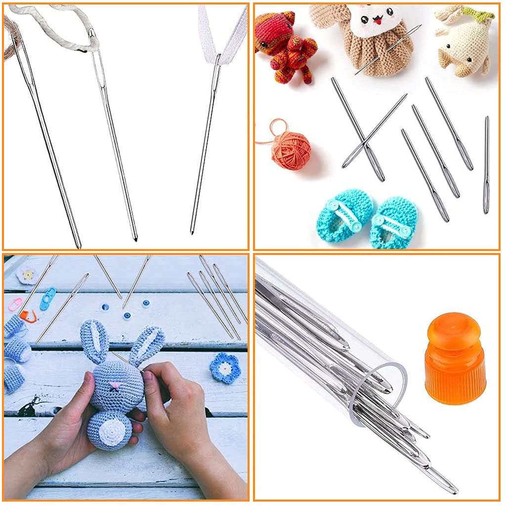 HASTHIP Wool Knitting Needle Set for Crochet Projects with Clear Bottle | 15pcs Stainless Steel Big Eye Needles in 5.2–7 cm Sizes