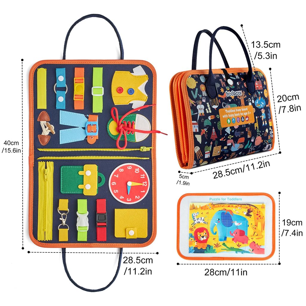 ZIBUYU Busy Board for Toddlers with 8 Pages and 25 Activities featuring Soft Felt Material | Montessori Travel Sensory Toy