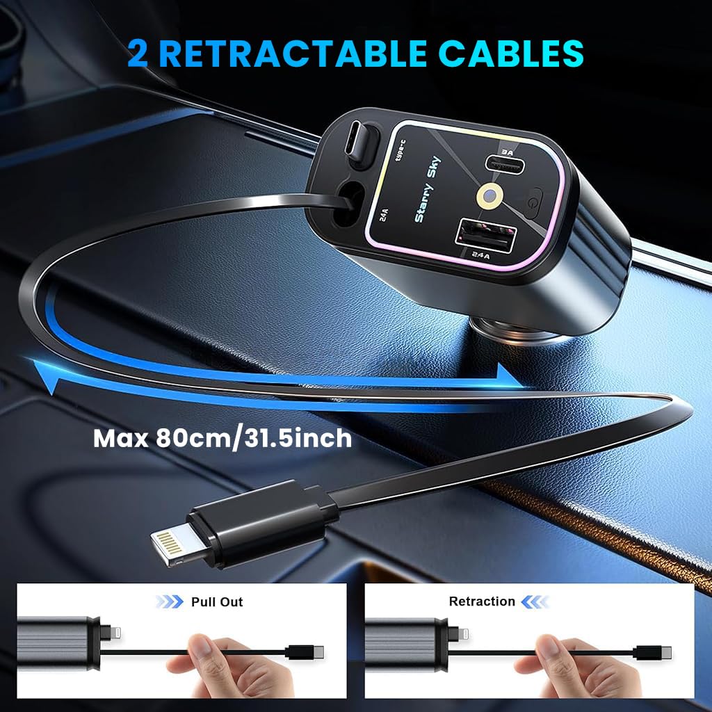STHIRA Car Charger 120W for 12V and 24V Vehicles with 2 Retractable 80cm Cables & Dual USB Ports | 180° Flexible Joint and Mini RGB Light