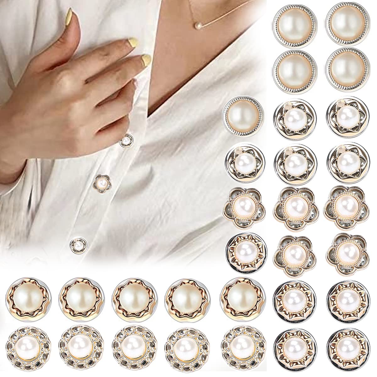 SANNIDHI 30pcs Pearl Buttons Brooch Buttons Cover Up Brooch Pins Mini Safety Shirt Buttons for Cardigan Saree Dress Hats, No Sew & Removable