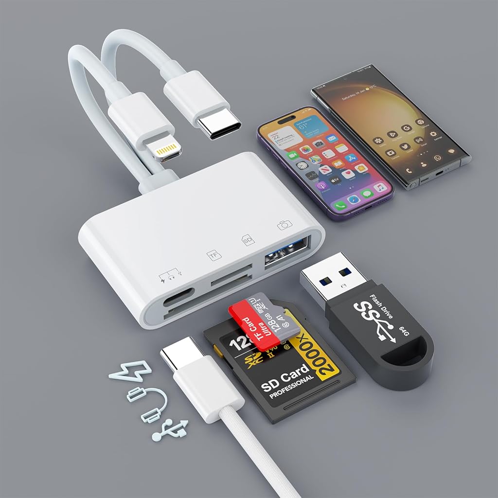Verilux® Multi Card Reader for iPhone SD Card Reader 4 in 2 SD Card Reader USB C/Light-ning to SD/TF Card Flash Drive Reader Support Fast Charging for iOS Devices Portable Multi Card Reader