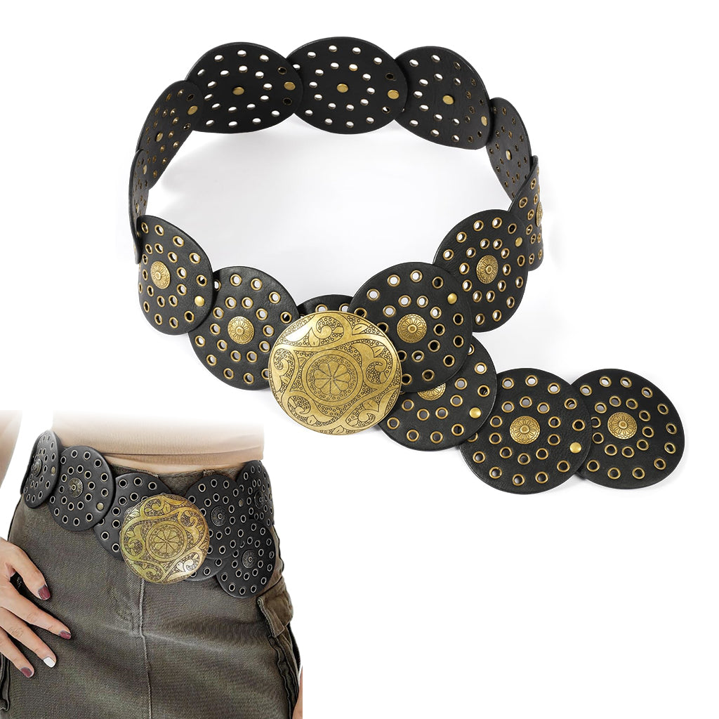 SANNIDHI Belt for Women Dresses Stylish Vintage Boho Disk Concho Leather Waist Belt Western Punk Cowgirls Metal Buckle Belts Y2K Accessories Belt for Women Jeans, Dresses, Skirts