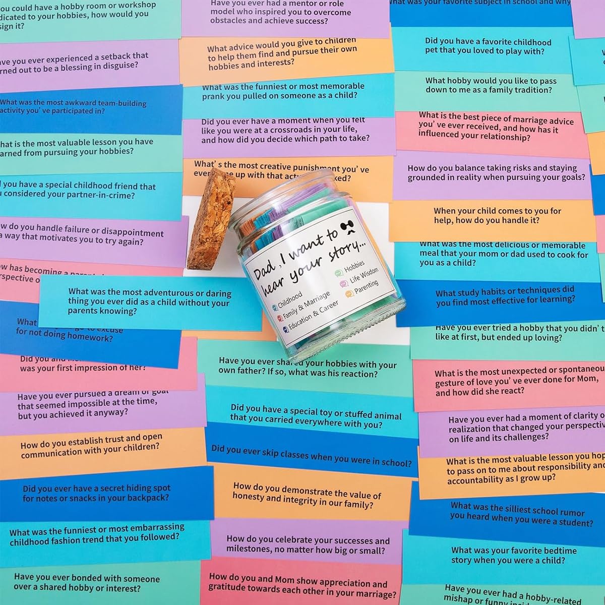 HASTHIP Dad I Want to Hear Your Story Pop Quiz Jar for Fathers featuring Color Coded Themes | Meaningful Parent Child Conversation Cards