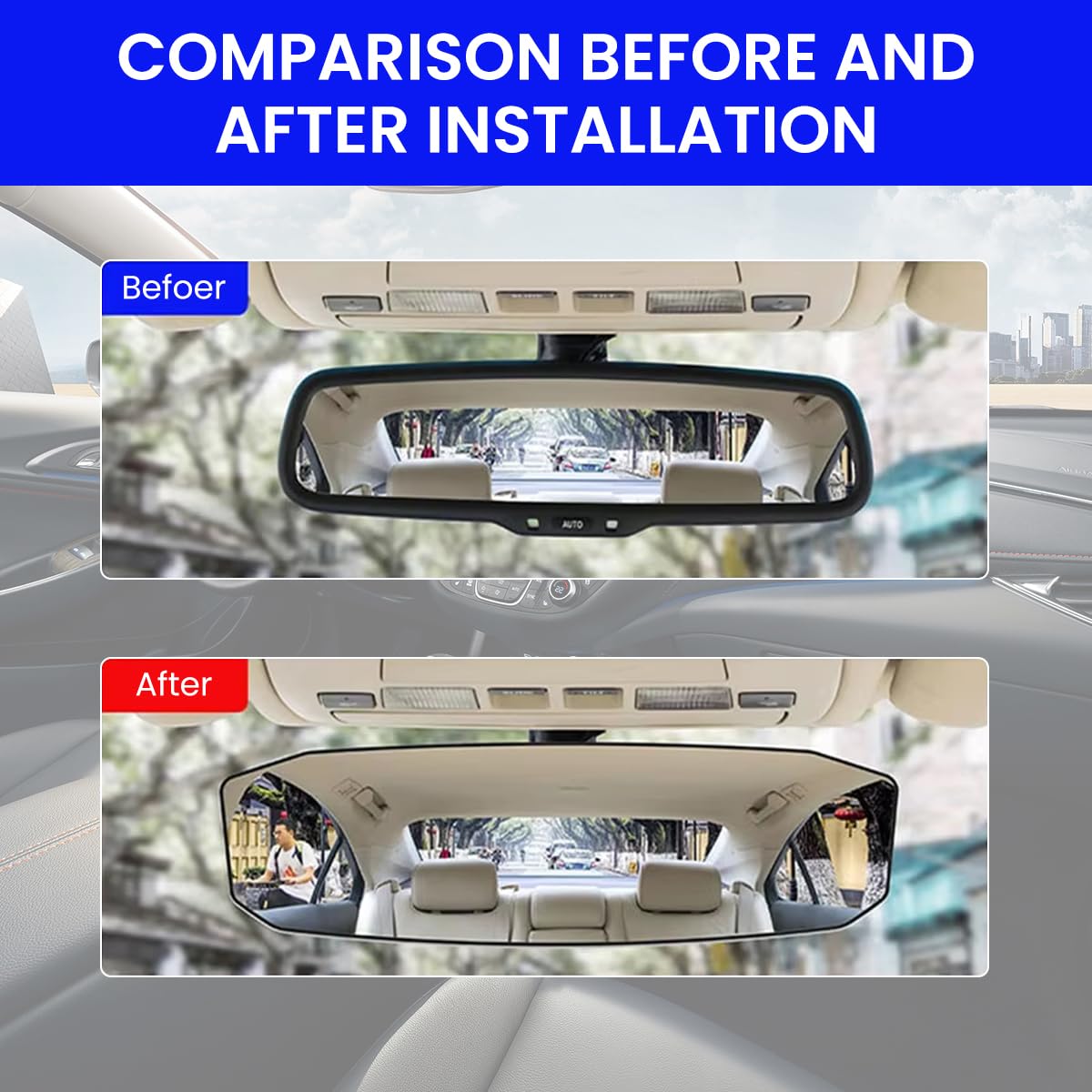 STHIRA Car Rear View Mirror for Safer Driving with HD Wide Angle View 29.9x3.2x9cm | Adjustable Clip-on Design