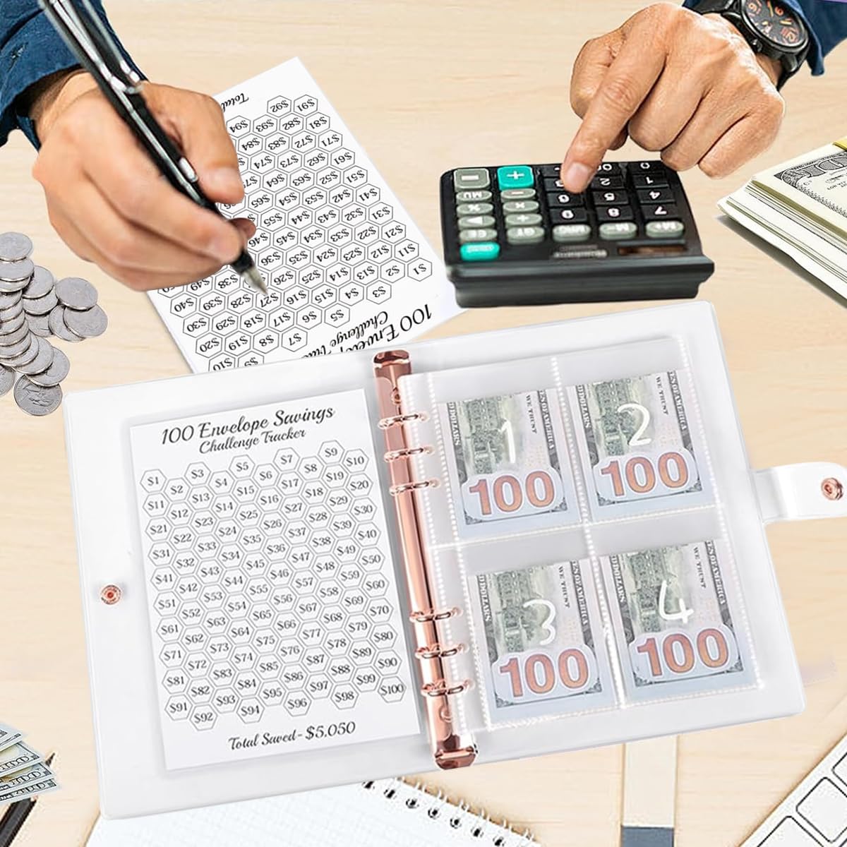 HASTHIP Envelopes Challenge Binder for 100 Day Money Saving with 100 Cash Pockets | PVC Sakura Cover