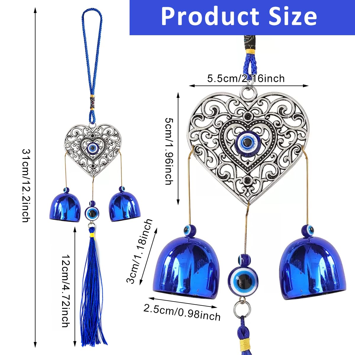 HASTHIP Door Hanging Bell for Home Decor featuring Dual Bells and Hollow Heart Evil Eye Charm