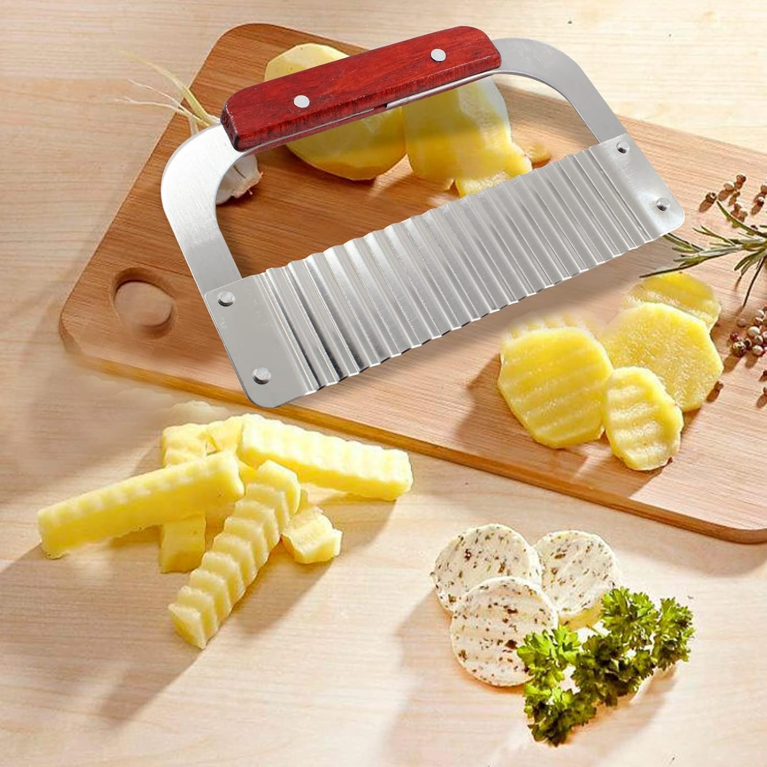 ZIBUYU Potato Crinkle Cutter for Homemade Fries with Corrugated Blade 18.5x12cm | Stainless Steel and Wooden Handle