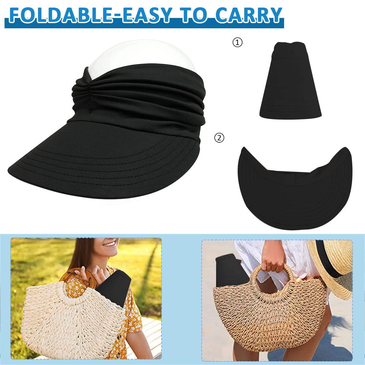 PALAY® Sun Hats for Women Wide Brim Sun Cap Women Sun Visor Hat Baseball Cap Packable Summer Beach Hat for Sports Golf Hiking (Black, UPF 50+ UV Protection)