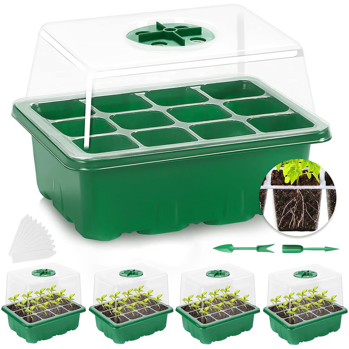 HASTHIP® 5Pcs Seed Starter Tray Kit with 12 Cell Seedling Tray, Labels, Seedling Tools - Seed Starter Tray with Drainage Design - Home Greenhouse Germination Kit - Growing Tray Gardening Tools Kit