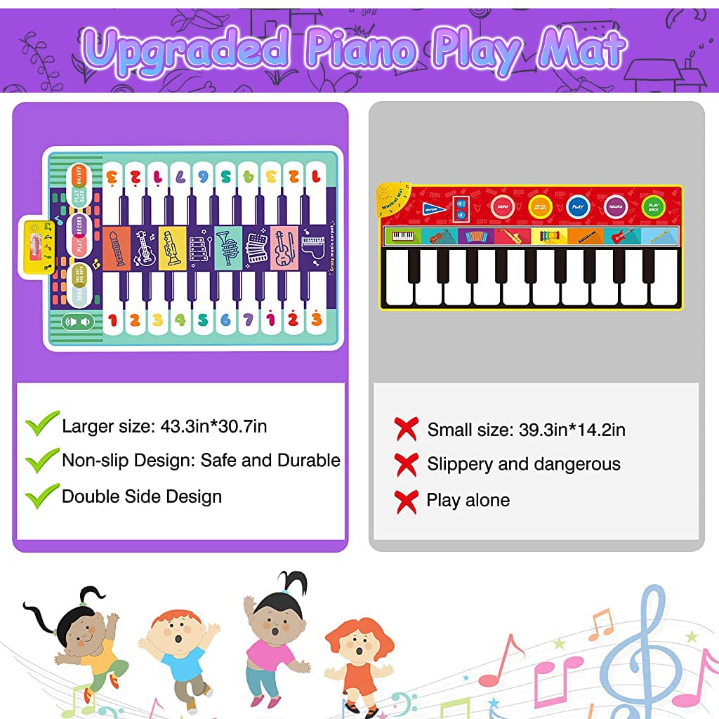 PATPAT Musical Mat for Kids with Dual Row 20 Keys Piano and 8 Instruments 46.5 x 30.7 in | Educational Toy for 1–6 Year Old Boys and Girls