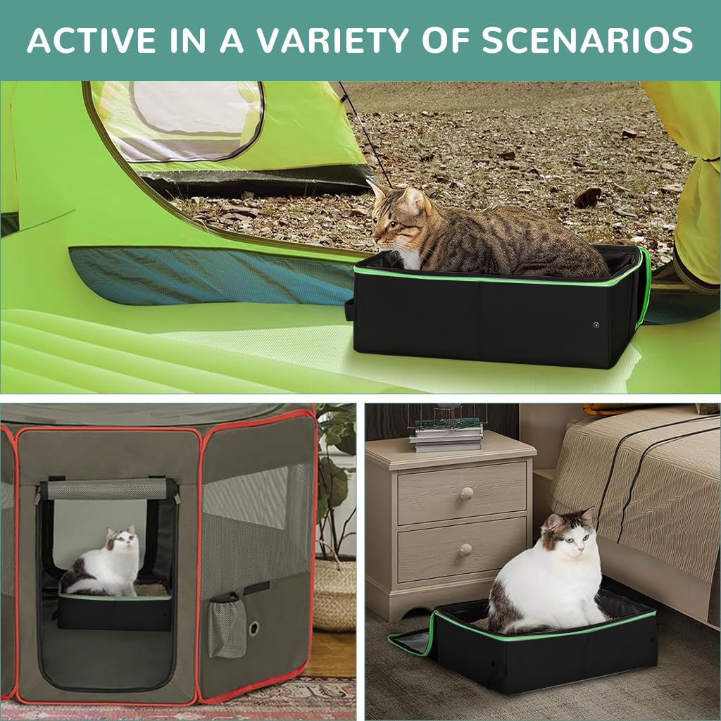 Qpets Portable Cat Litter Box for Travel featuring Foldable Design and Waterproof Oxford Cloth 40x30x13cm | Includes Waste Shovel 3 PCS