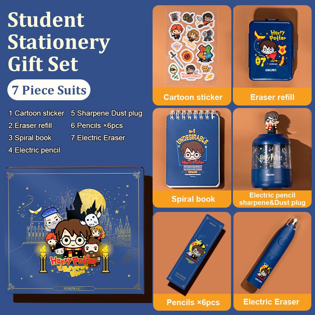 Climberty® Student Stationeries Gift Box Set with Electric Pencil Sharpener, Electric Eraser & Eraser Refills, Desktop Vacuum, Note Book and Cartoon Stickers, Perfect School Kit