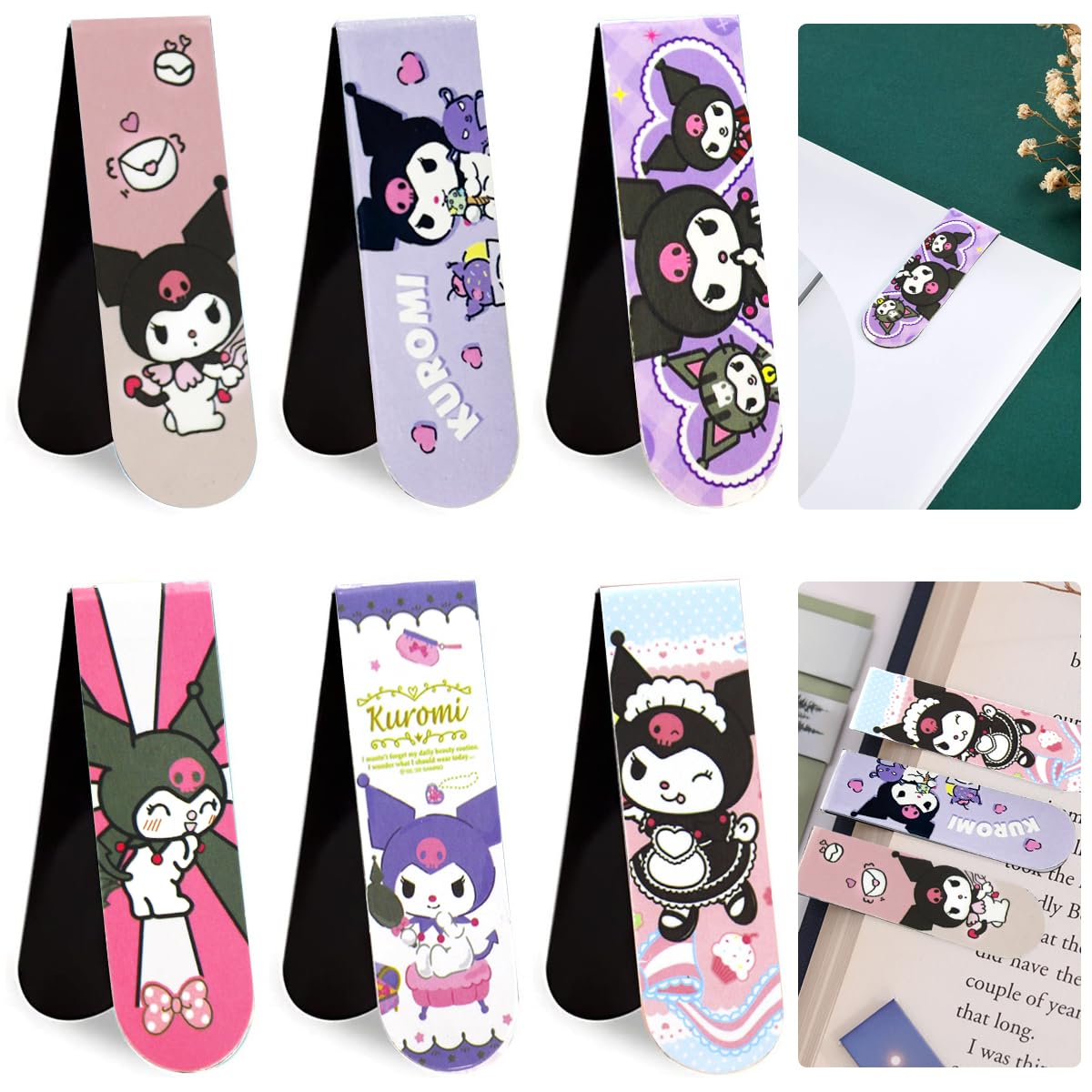 Climberty® 6Pcs Kuromi Magnetic Bookmarks - Kawaii Bi-fold Tear-Resistant Bookmarkers, Adorable Cartoon Reading Companion & Study Tool Gift