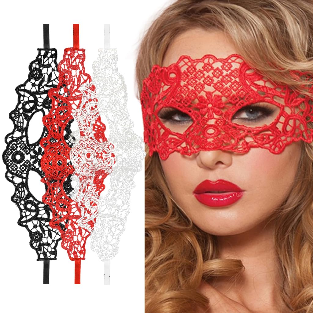 PATPAT Masquerade Mask for Women featuring Lace Floral Cutouts and Adjustable Tie-Back | 3 Pcs Set in Black White and Red