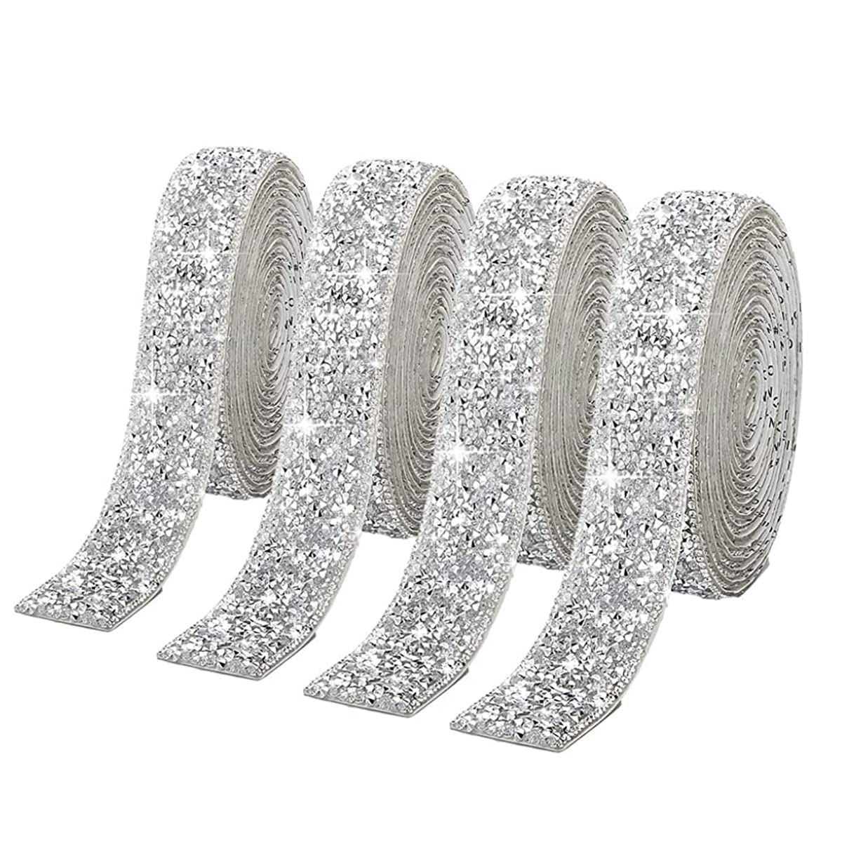 MAYCREATE Self Adhesive Rhinestone Strips for DIY Crafts with 4 Rolls 10mm Sparkling Resin | Silver Crystal Decoration