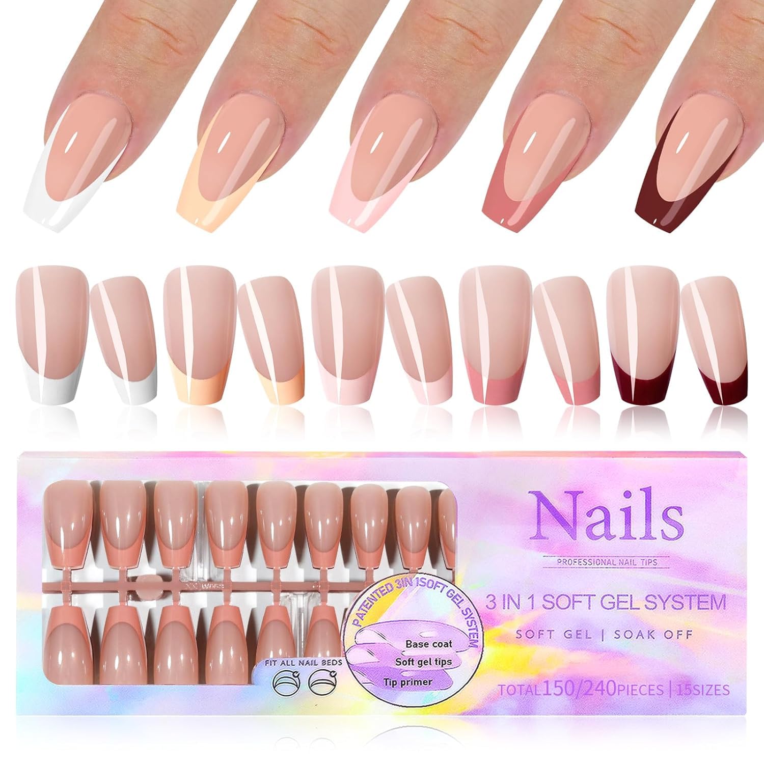 HANNEA Almond Shape Press On Nails for French Tip Manicure with 150pcs Multi Size Set