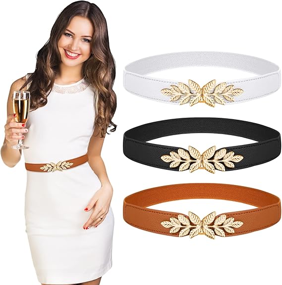 ZIBUYU® Waist Belt for Women Stretchy Waist Belt Golden Leaf Charm Inter-Lock Buckle Design Fashion Women Waist Belt Decorative Dress Belt, Suit Belt, Blazer Belt, Shirt Belt, White