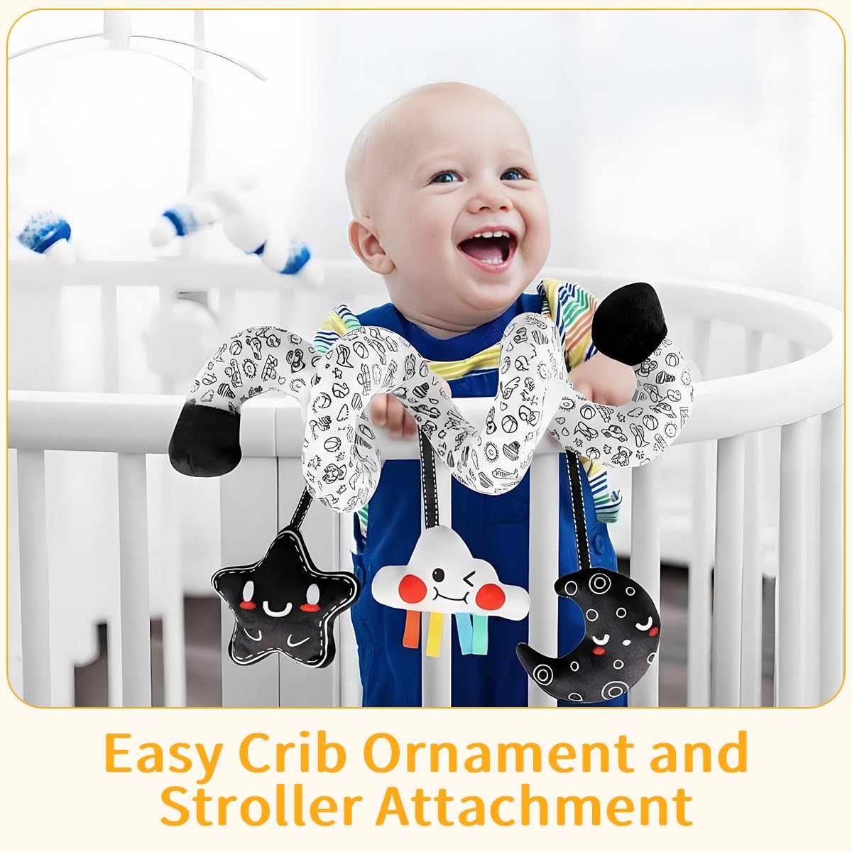 SNOWIE SOFT Star and Moon Stroller Toy for Crib Use with Spiral Design and Plush Fabric | Sensory Play for 6–12 Month Babies