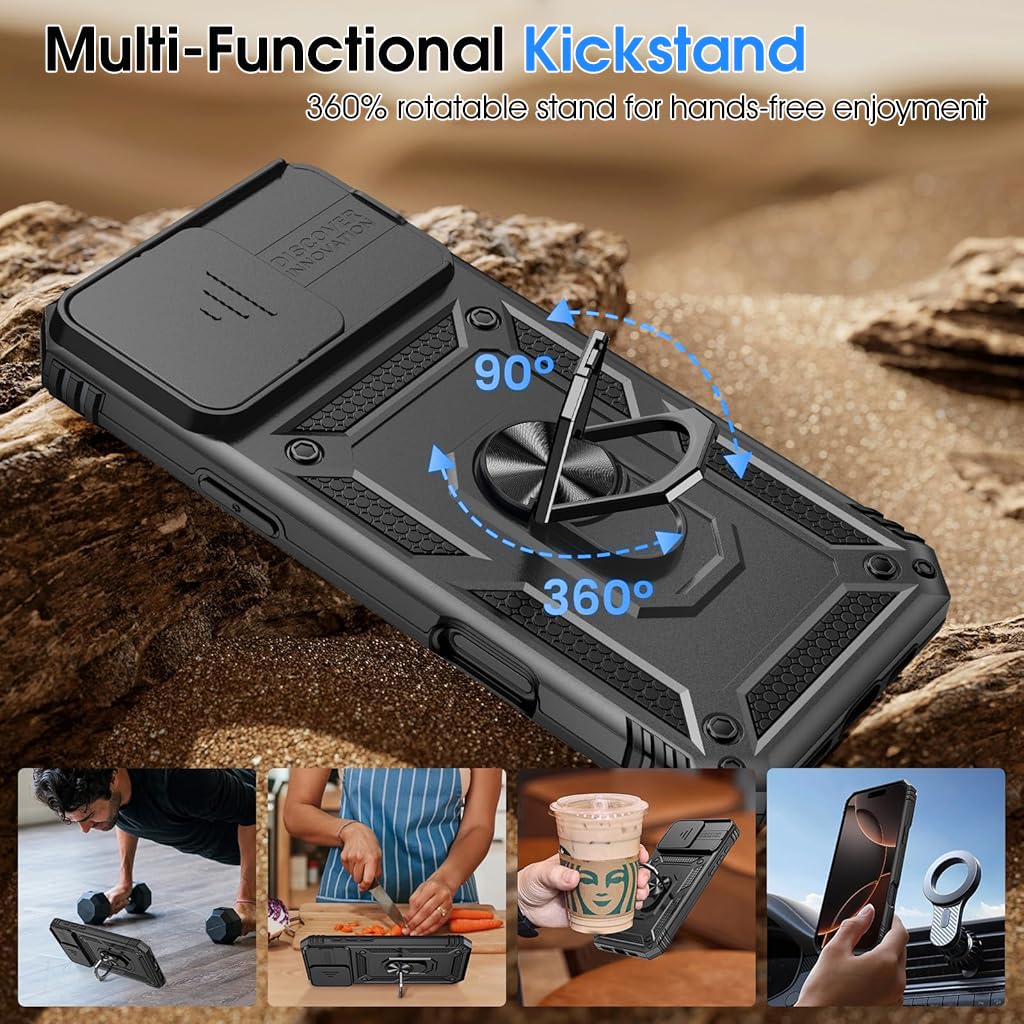 ZORBES Phone Cover Case for iPhone 16 Pro with Magnetic Stand and Sliding Camera Lens Cover