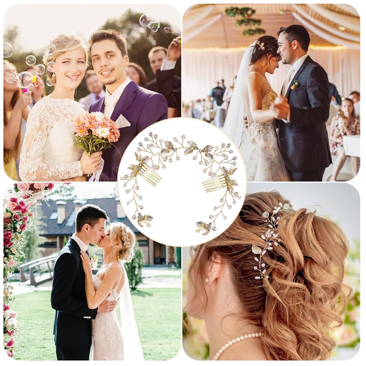 SANNIDHI Bridal Hair Accessories for Wedding with Golden Leaf Pearl Design | Secure Side Combs