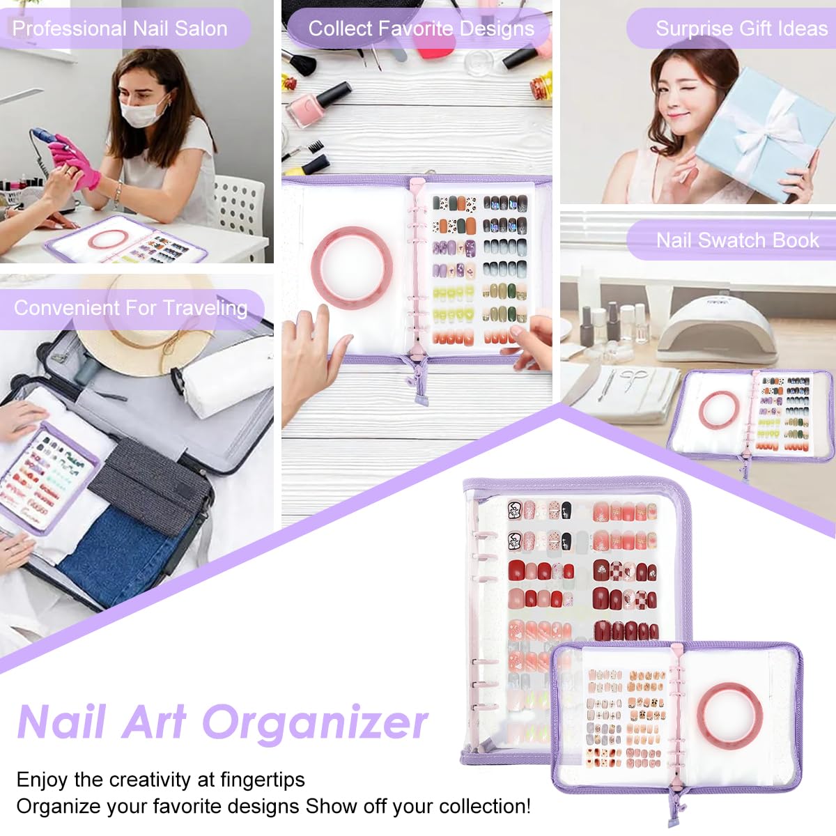 MAYCREATE Press On Nail Organizer with 4 Insert Pages for Nail Display and Storage | Purple