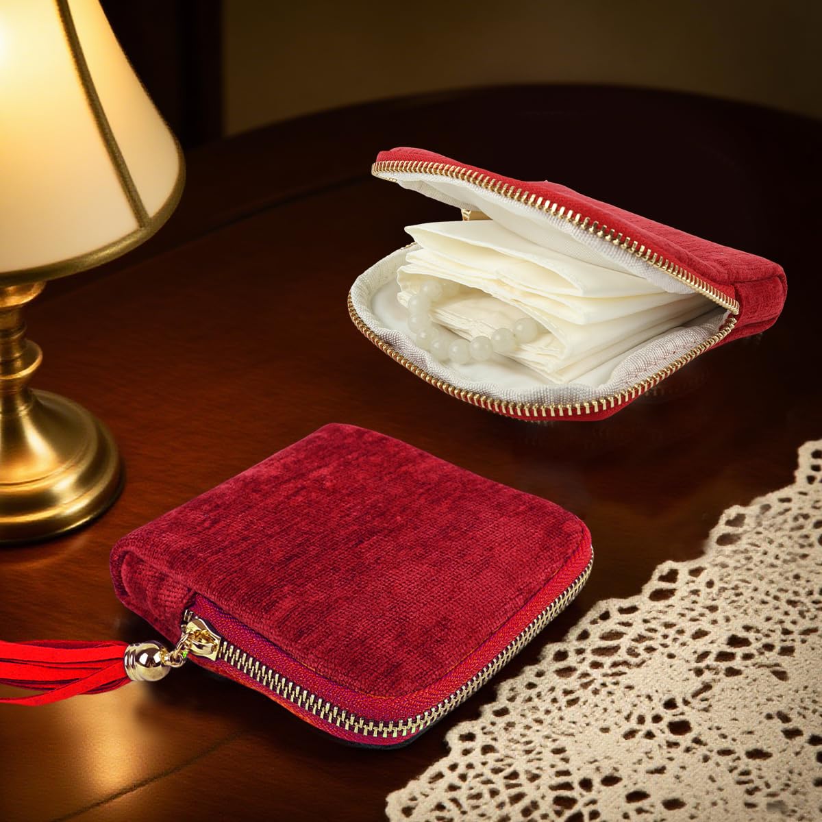 MAYCREATE Jewelry Storage Pouch for Travel with Tassel Zipper 13x11.5cm | Red Organizer