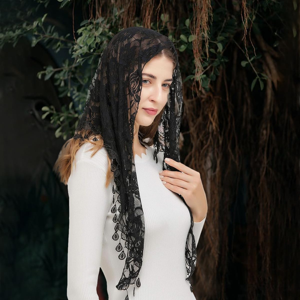 PALAY Triangle Lace Mantilla Veil Head Scarf for Church Mass with Rose Embroidery | Black 2PCS