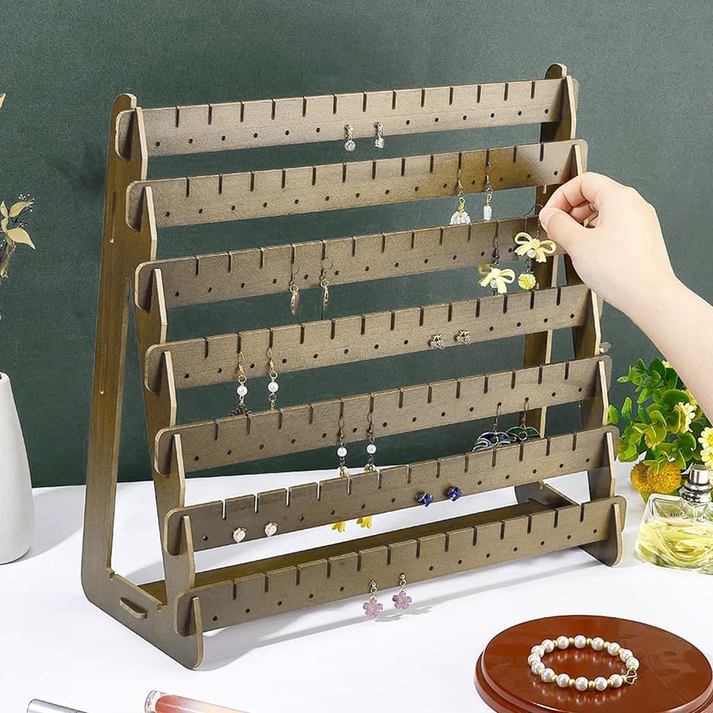HASTHIP Earrings Organizer for Studs and Hooks with 98 Holes and 91 Slots | Wooden 7 Row Display Stand