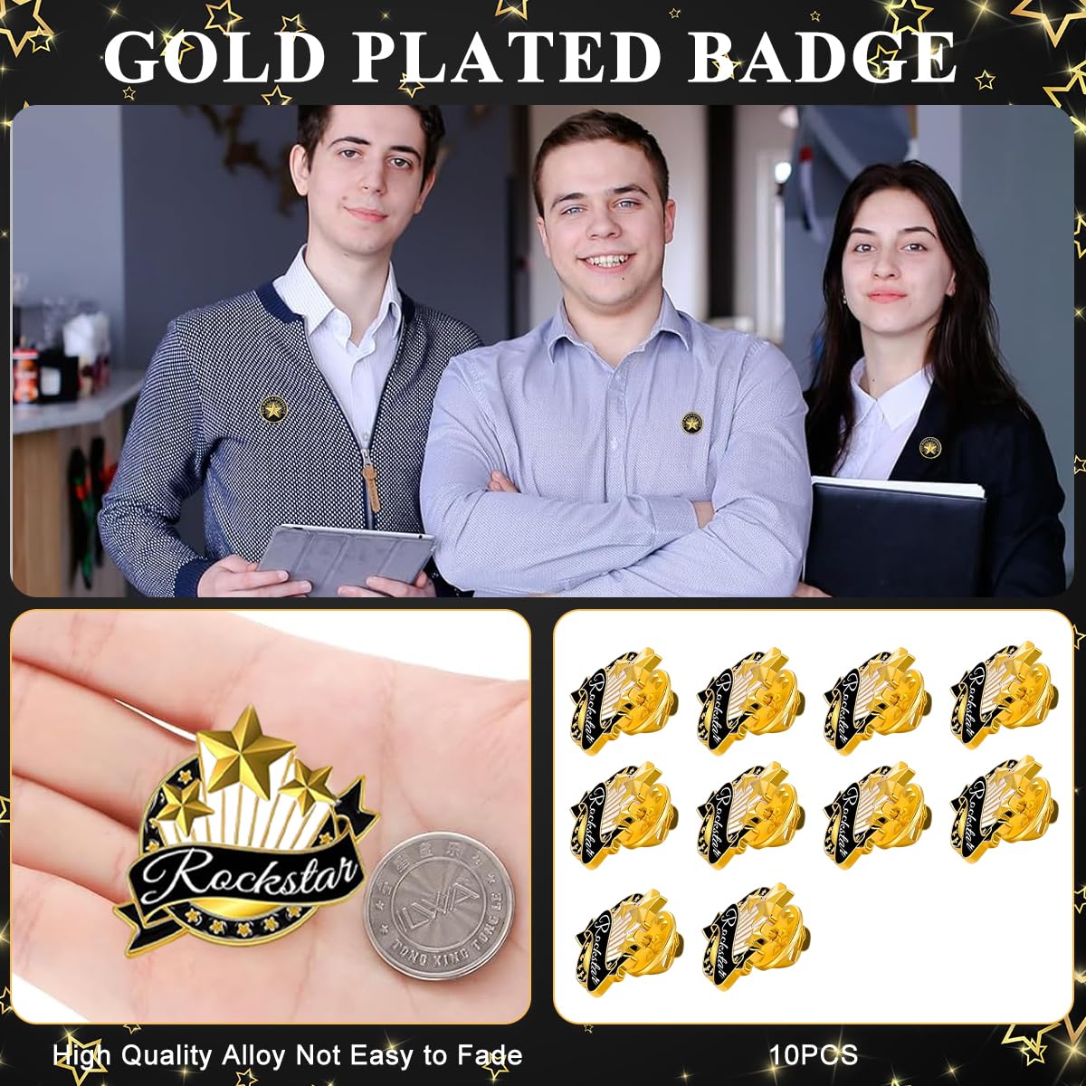 SANNIDHI Employee of The Month Lapel Pin Set for Recognition Programs with Pinback Mechanism and Alloy Build | 10Pcs Rock Star Enamel Brooch