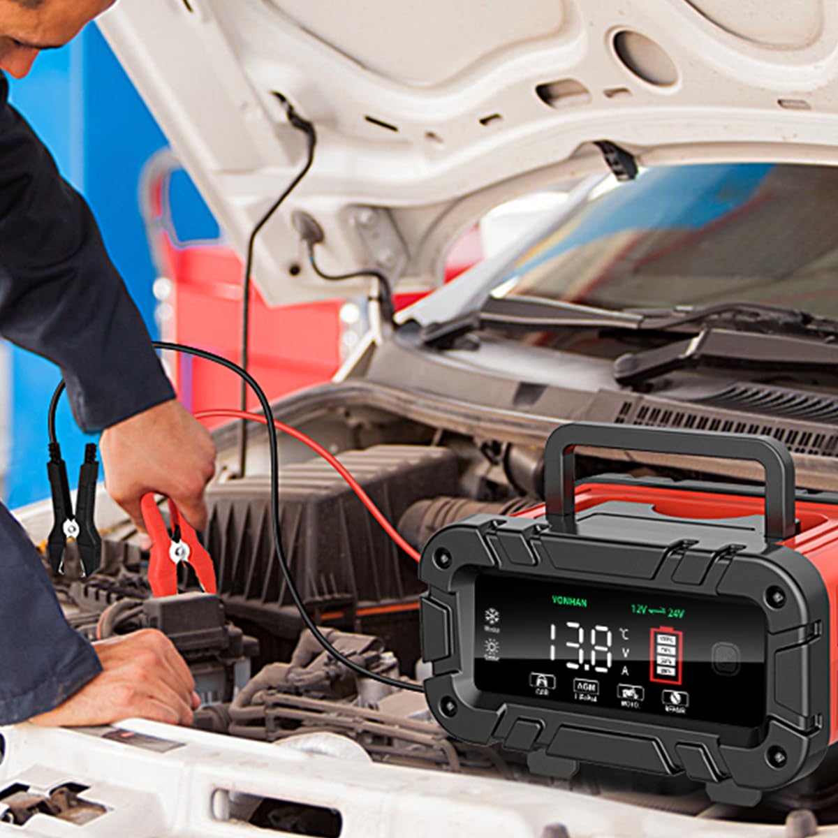 STHIRA Smart Car Battery Charger for 12V 24V Vehicles featuring Pulse Repair Tech | LCD Display and Multilayer Safety Protection