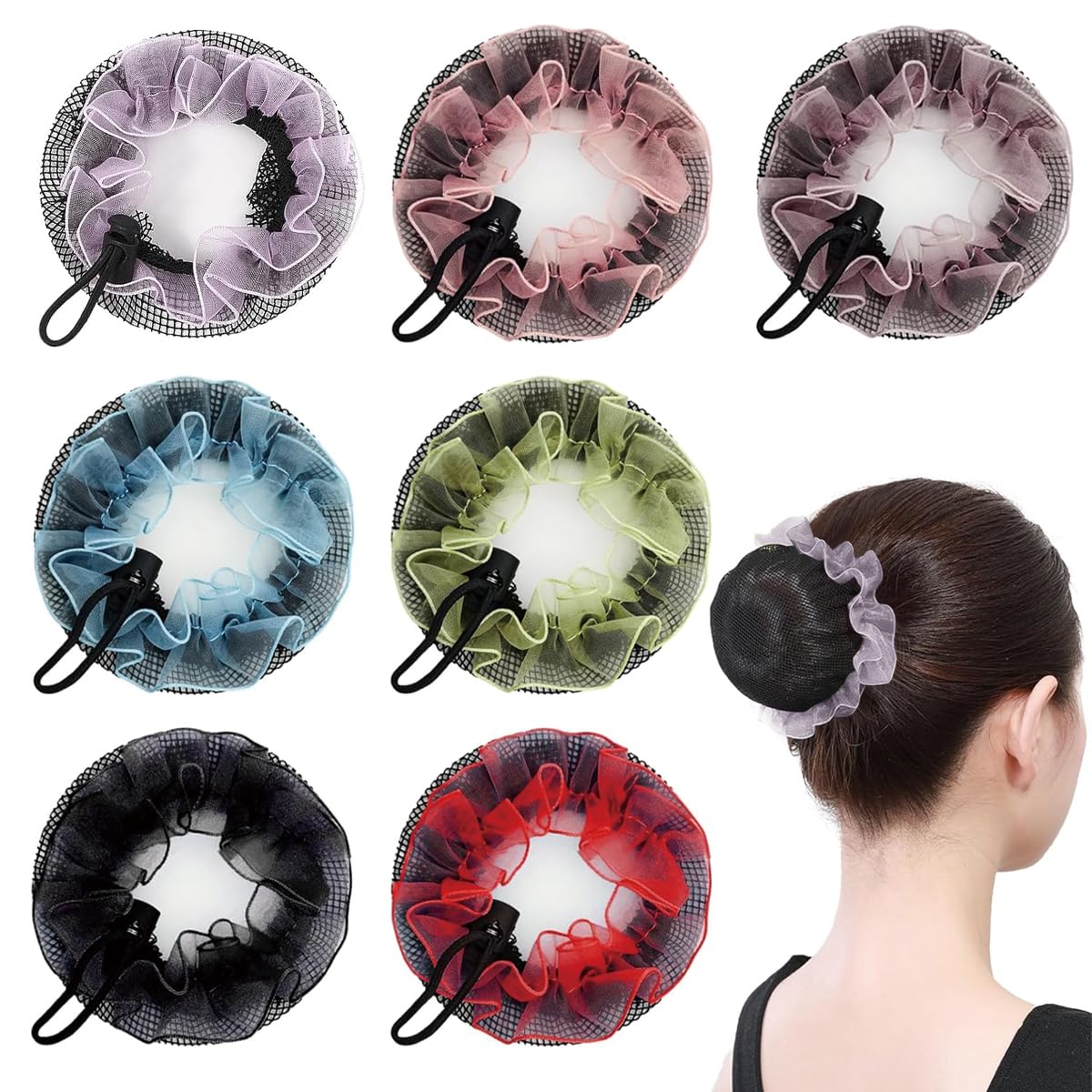 MAYCREATE Hair Buns for Women Girls 7 Pcs with Adjustable Buckle Mesh Net | Lace Brim Cover