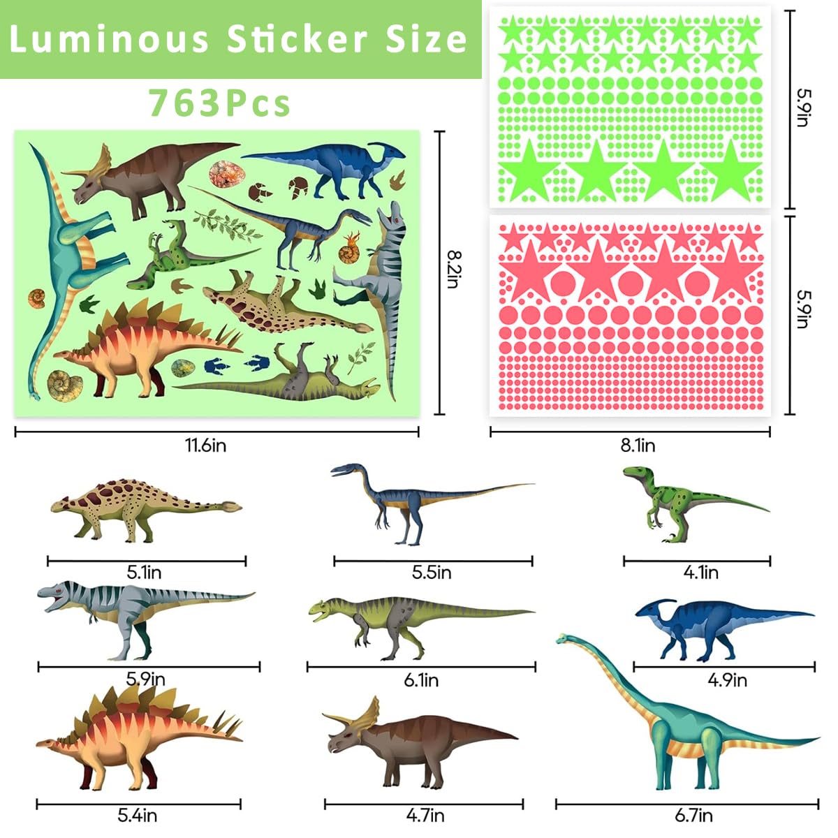 HASTHIP Dinosaur Wall Decals for Kids Room with 763 pcs Glow in the Dark Stars | Nursery Decor