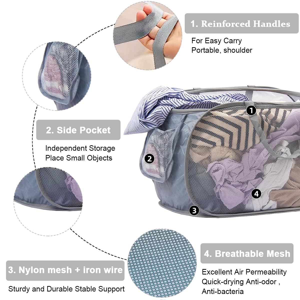 HASTHIP Laundry Basket for Dorms and Travel with Folding Elastic Frame Mesh Fabric | Grey