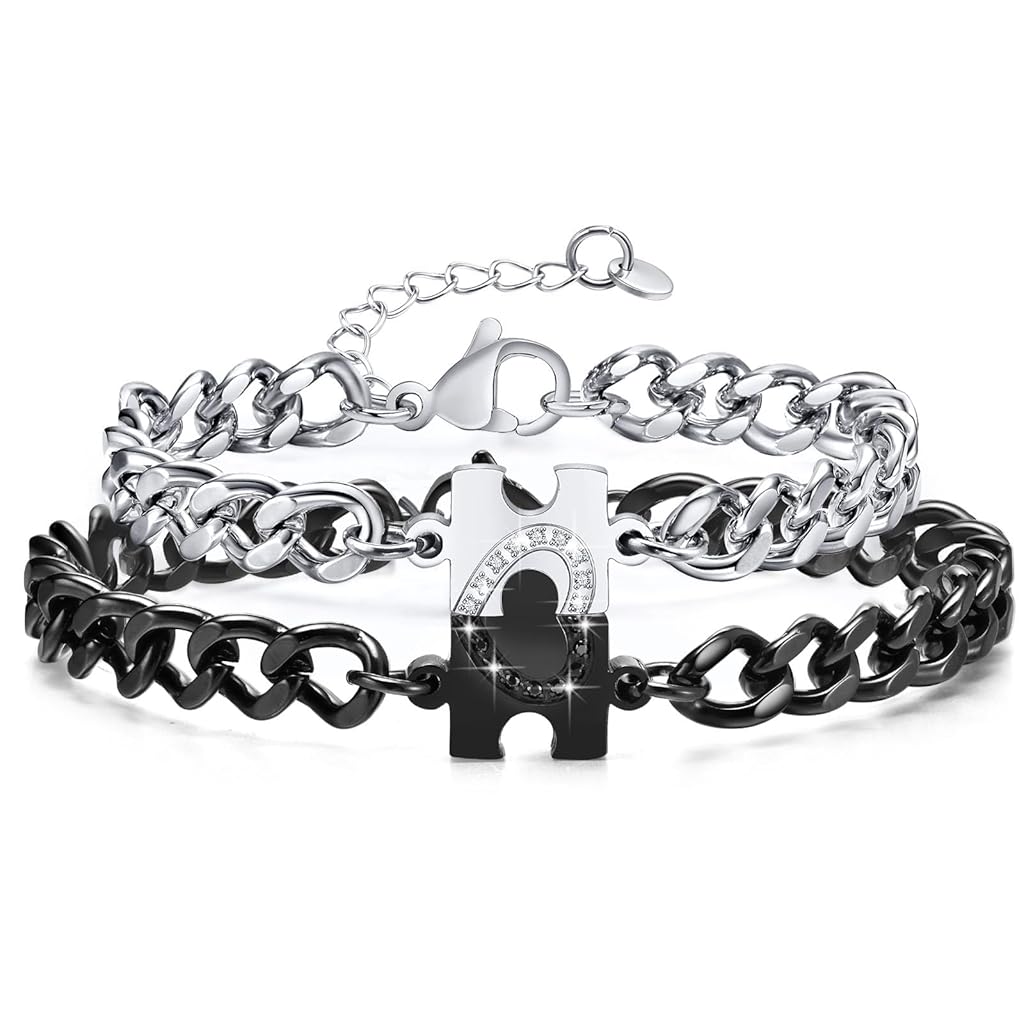 SANNIDHI® Matching Bracelets for Couples Long Distance Relationship Gifts Stainless Steel His & Hers Couple Bracelet With Puzzle-Heart Design for Anniversary, Birthday, Engagement