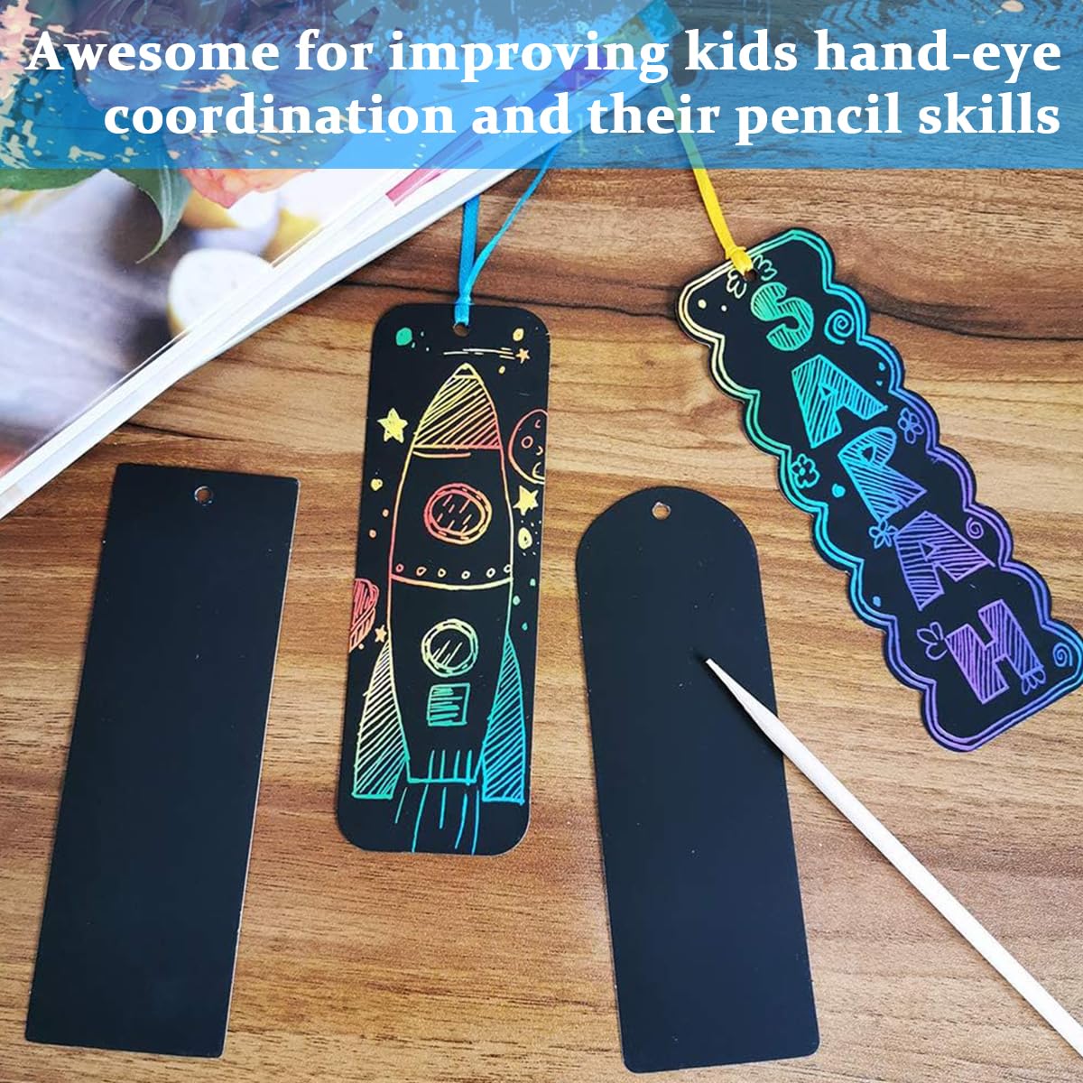 Climberty OFIFO Scratch Art Bookmarks Kit for Kids with 36 Pcs Rainbow Sheets and Wooden Sticks