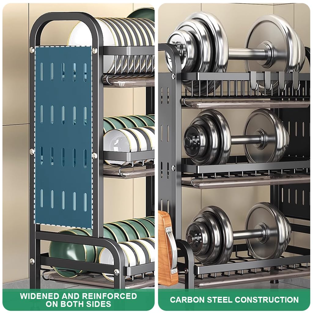 HASTHIP Kitchen Utensils Drying Rack for Storage with 3 Tier 63x42x24.5 cm Carbon Steel | Hook and Cutlery Holder