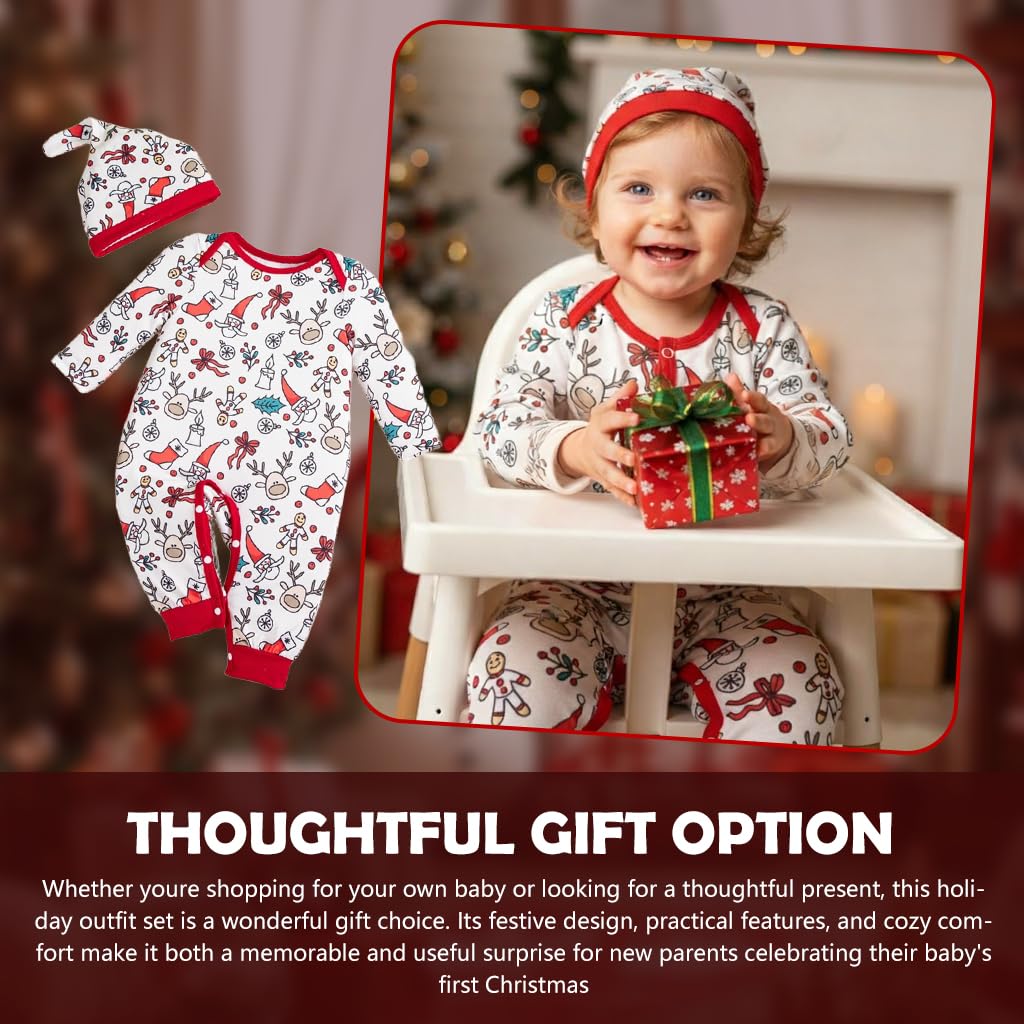 SANNIDHI Christmas Baby Outfit Set for 6–9 Month Infants with Button Up Crotch | Includes Matching Hat for Holiday Photos