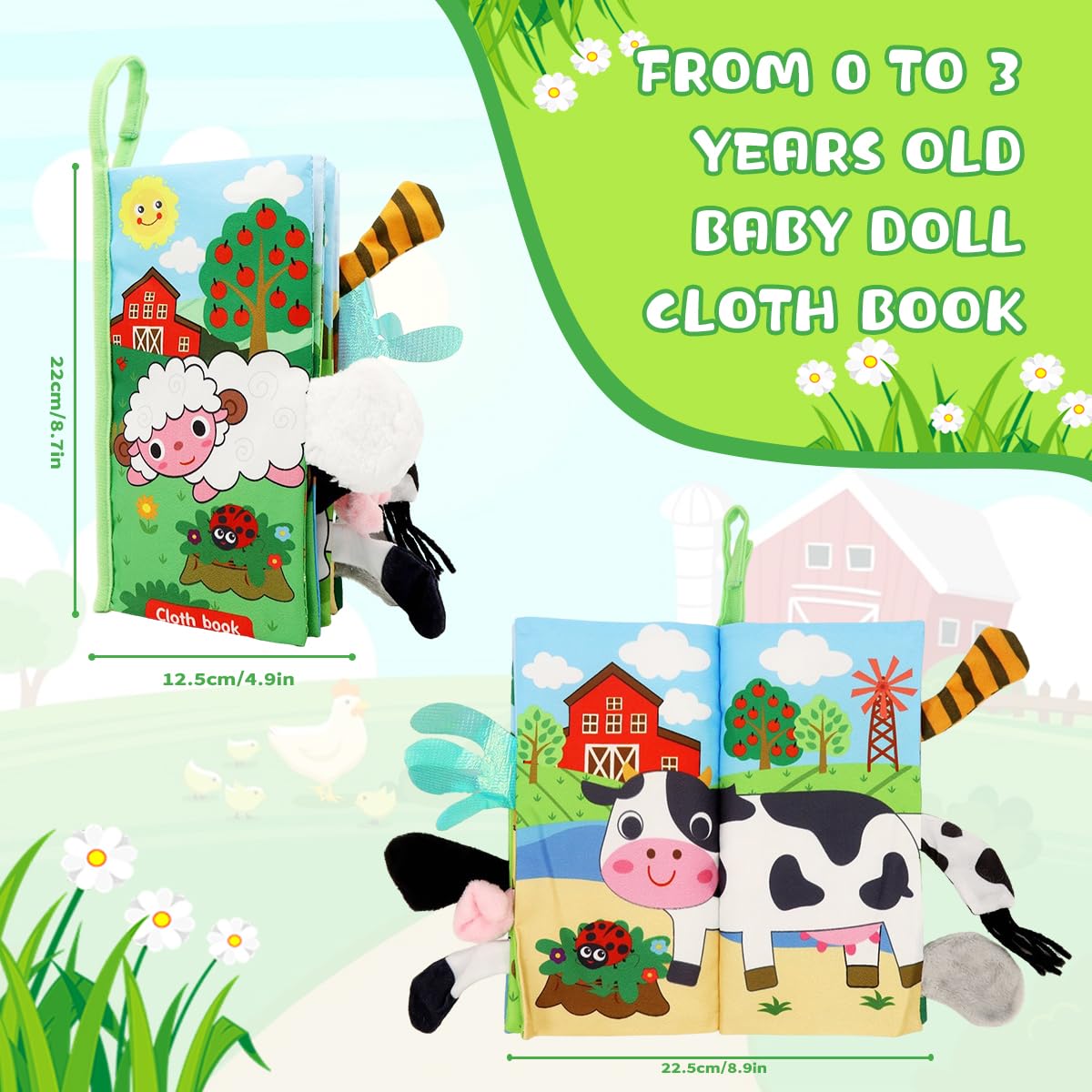 SNOWIE SOFT Farm Theme Cloth Books for Babies with 12 Textured Animal Tails | BPA-Free Sensory Toy